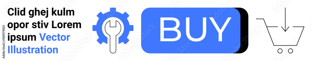 Gear with wrench, bold BUY button, minimal shopping cart icon. Ideal for e-commerce, online stores, buying decisions, maintenance services, tools, cart, business. Landing page Gear with wrench, bold BUY button, minimal shopping cart icon. Ideal for e-commerce, online stores, buying decisions, maintenance services, tools, cart, business. Landing page
