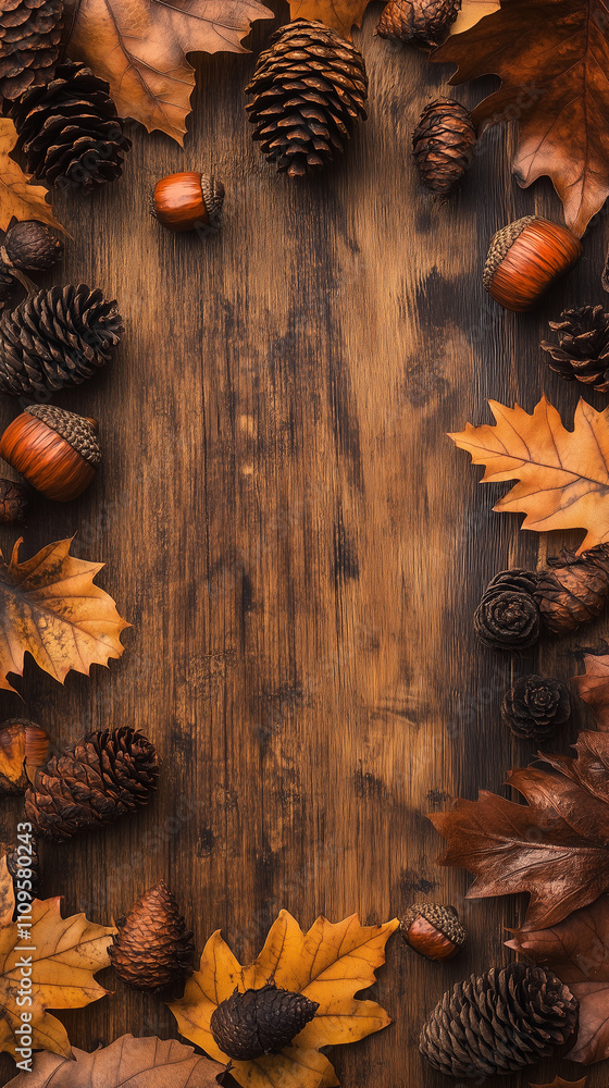 Fall themed background with leaves, pine cones, and acorns with copy space made of wood Fall themed background with leaves, pine cones, and acorns with copy space made of wood