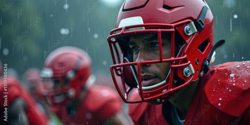Fototapeta premium A focused football player in a red helmet, poised for action during a rain-soaked practice, showcasing determination and team spirit in sports.