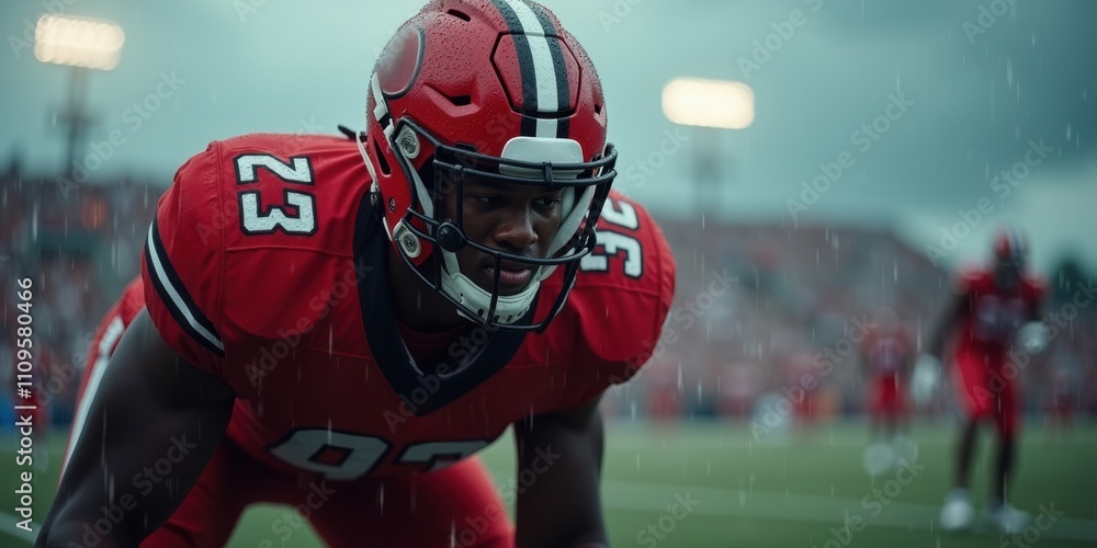 Intense close-up of a football player in action, showcasing determination and athleticism under rainy conditions, perfect for sports marketing and promotional materials.