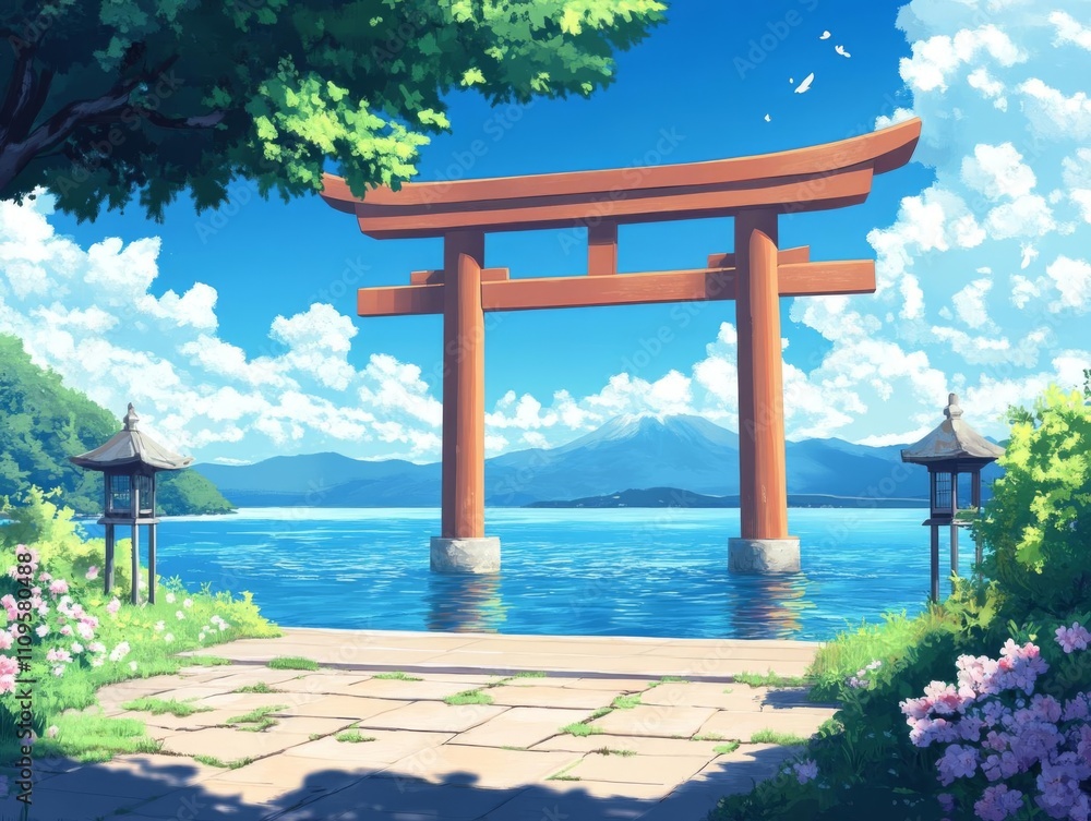 Serene view of a traditional Japanese torii gate by the water under a clear blue sky. Serene view of a traditional Japanese torii gate by the water under a clear blue sky.