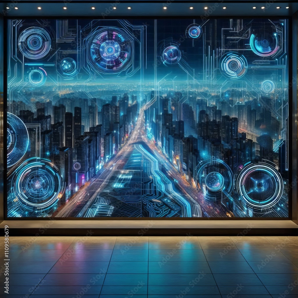 Futuristic LED Window Display An LED display on the window showi Futuristic LED Window Display An LED display on the window showi