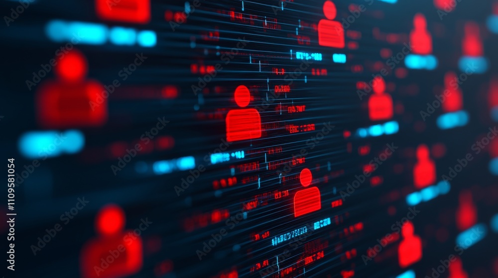 The image features a digital representation of people, with red silhouettes against a dark background, suggesting themes of data, technology, and identity. The image features a digital representation of people, with red silhouettes against a dark background, suggesting themes of data, technology, and identity.
