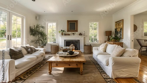 Wallpaper Mural Modern Farmhouse Living Room Interior Design with White Couches and Fireplace Torontodigital.ca