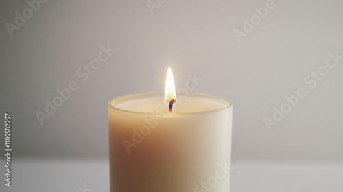 White Candle with a Steady Flame Glowing Brightly Against a Soft Neutral Background for Relaxation, Meditation, or Home Décor Use in Lifestyle Imagery