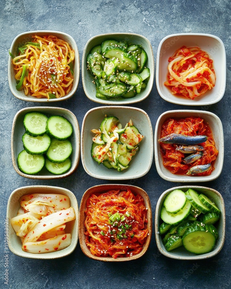 Delicious korean side dishes home kitchen food modern decor above view culinary art Delicious korean side dishes home kitchen food modern decor above view culinary art