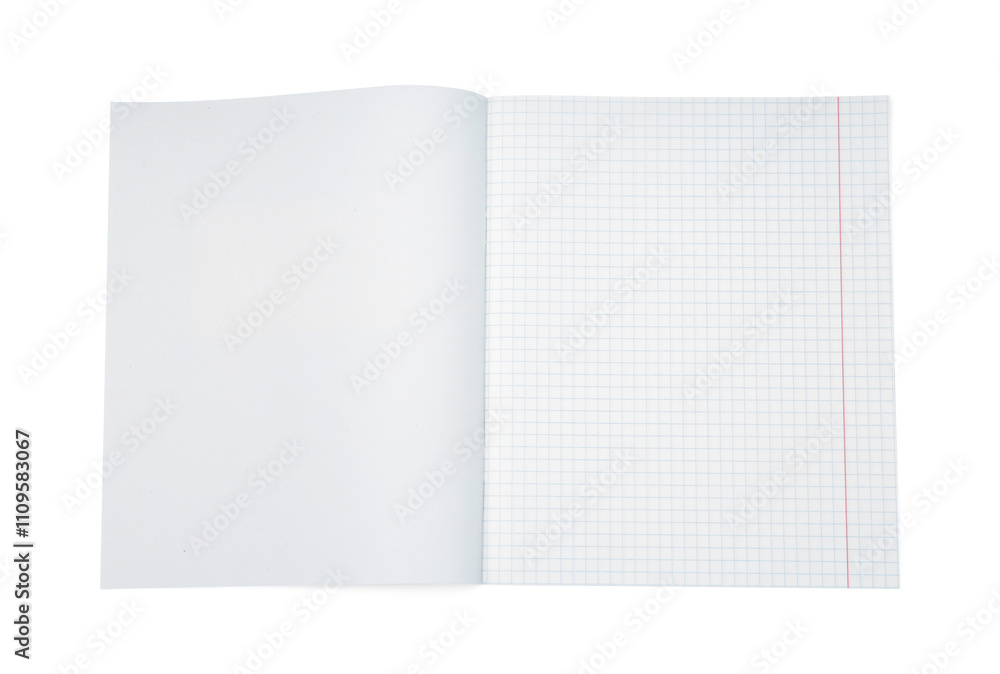 One open copybook isolated on white, top view. School stationery One open copybook isolated on white, top view. School stationery