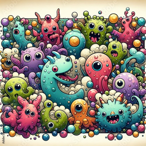 Fantasy Creatures Colorful foam and bubbles with fantasy creatur photo