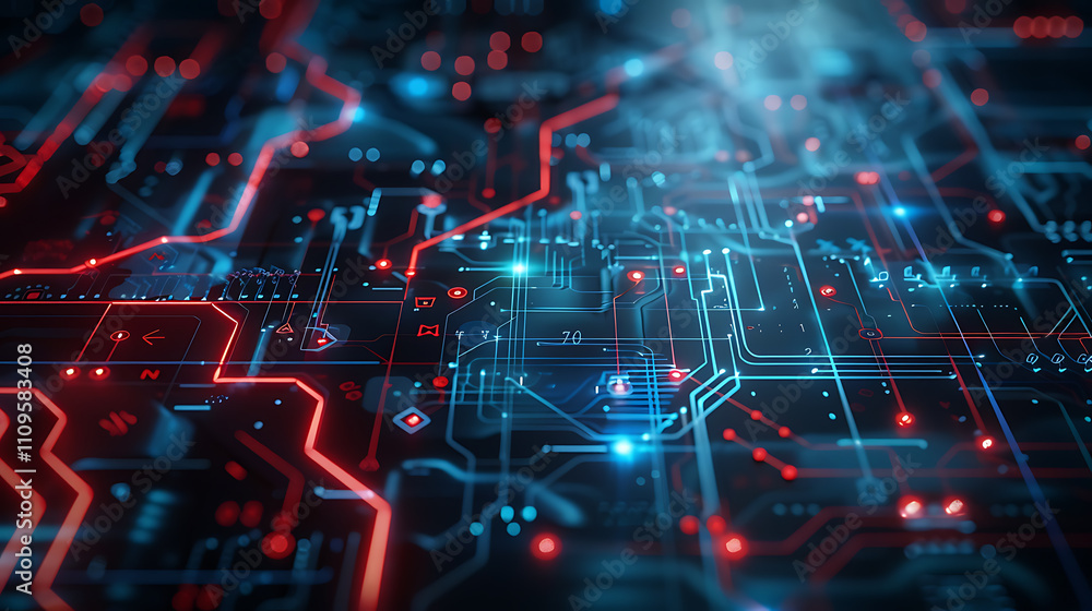 futuristic technology design, dynamic composition featuring metallic texture with geometric shapes, blue, red lines on dark background, under high contrast lighting, tech elements futuristic technology design, dynamic composition featuring metallic texture with geometric shapes, blue, red lines on dark background, under high contrast lighting, tech elements