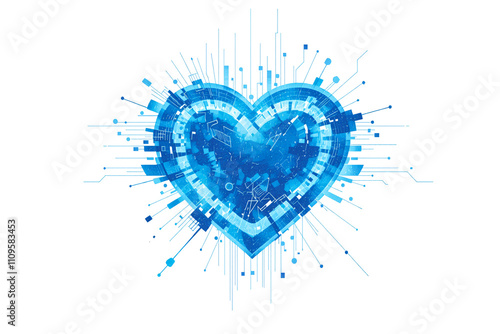 A neon heart glowing in vibrant blue, surrounded by floating technological elements on a white background