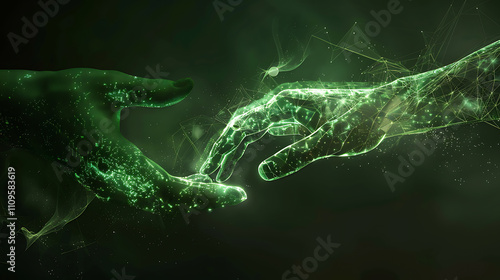 contrast in art, a detailed image depicting the hands of god and adam, with a high-resolution photo of a human hand on the left and a green mesh form on the right, set against a dark background