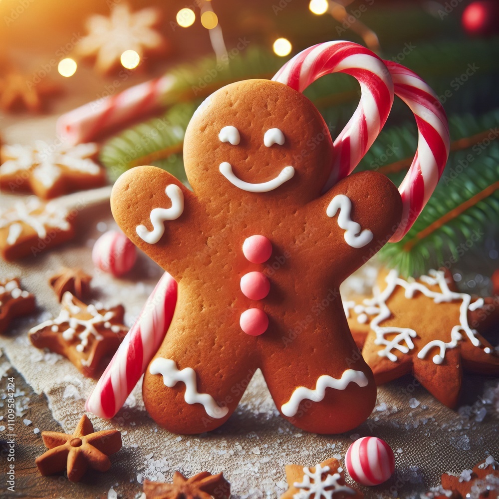 Gingerbread Man with Candy Cane A playful gingerbread man holdin