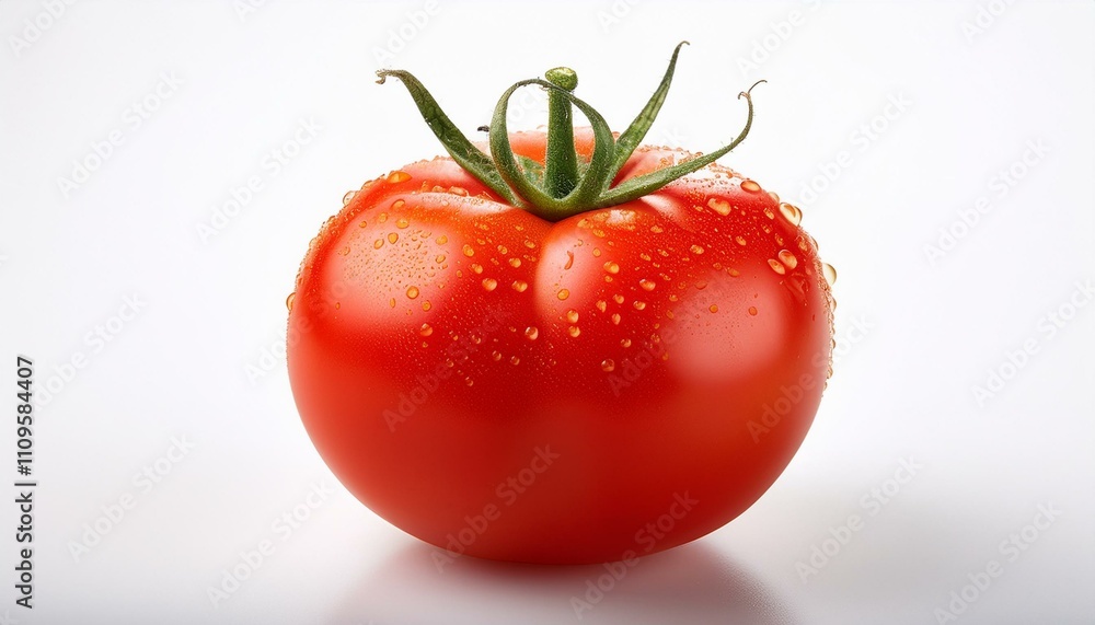 A single, ripe tomato with water droplets, gleaming against a bright white backdrop. A single, ripe tomato with water droplets, gleaming against a bright white backdrop.