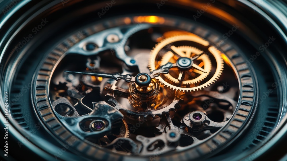 A close-up view of an intricate mechanical watch movement, showcasing its gears and craftsmanship with a warm, glowing light.