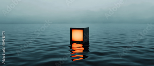 3D render of a glowing lantern floating over a still body of water photo