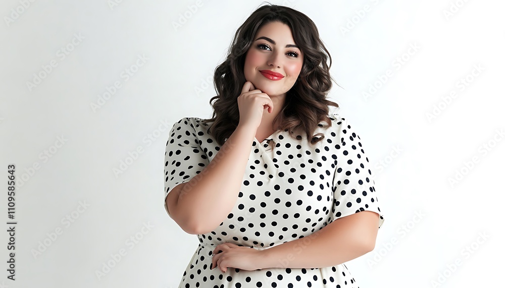 Joyful woman in a polka dot dress, posing with hand on chin, white background, high-resolution image Joyful woman in a polka dot dress, posing with hand on chin, white background, high-resolution image