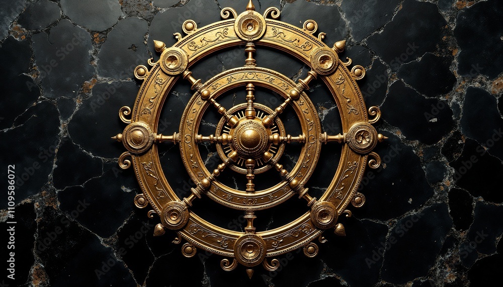 Obraz premium Intricate golden wheel with ornamental details on dark stone. Decorative circular element with gold patterns and radial design. Radiant golden symmetry on textured dark backdrop
