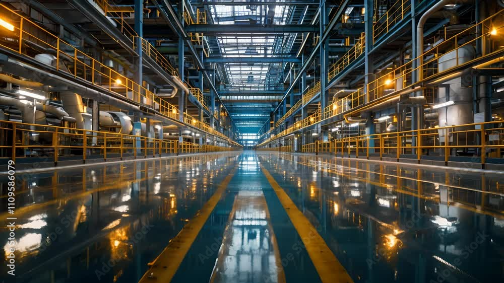 The interior of a large modern factory building with yellow handrails and a shiny reflective floor The interior of a large modern factory building with yellow handrails and a shiny reflective floor