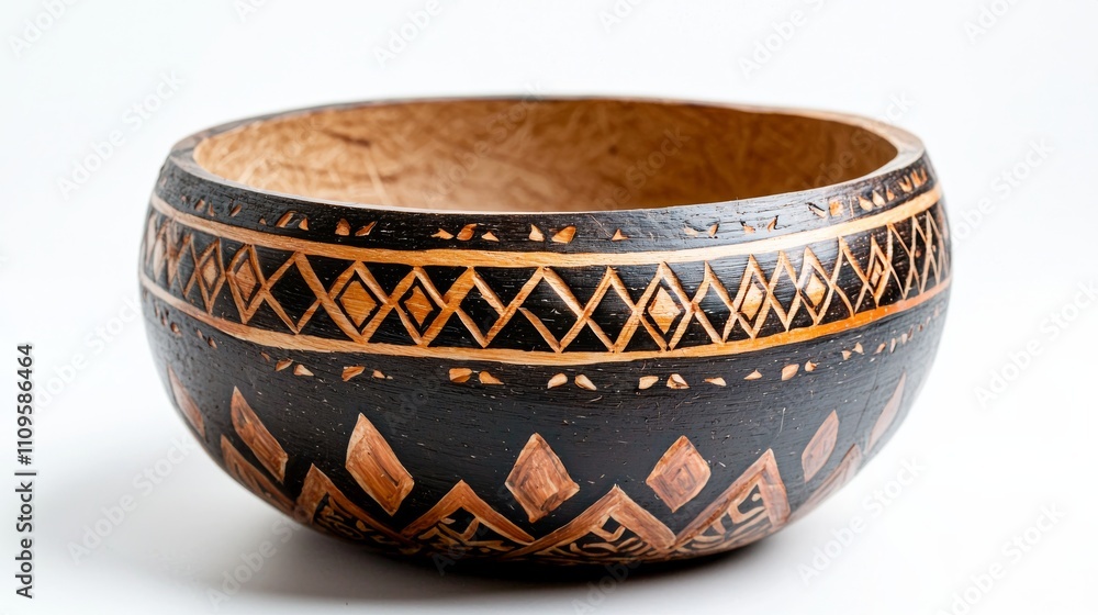 A beautifully crafted bowl featuring intricate geometric patterns in black and natural hues, showcasing traditional artistry. A beautifully crafted bowl featuring intricate geometric patterns in black and natural hues, showcasing traditional artistry.