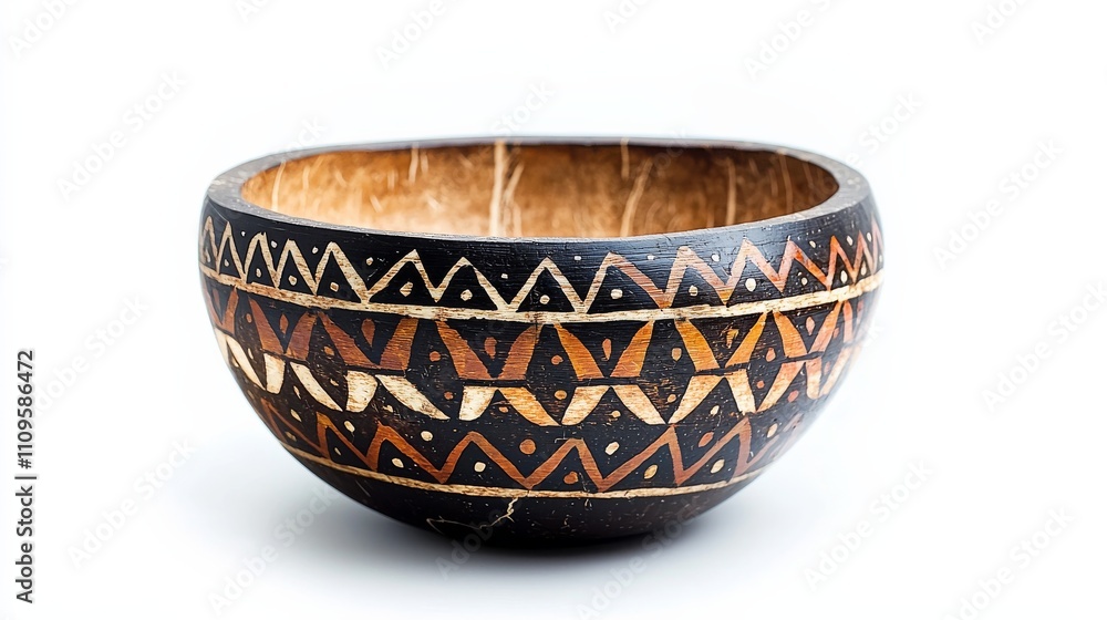 A beautifully crafted wooden bowl with intricate geometric patterns in earthy tones, showcasing artisanal craftsmanship and cultural heritage. A beautifully crafted wooden bowl with intricate geometric patterns in earthy tones, showcasing artisanal craftsmanship and cultural heritage.