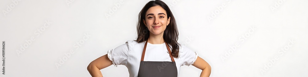 Joyful woman in apron, full body shot, hands on hips, white background with spacious copy space 32k, full ultra hd, high resolution Joyful woman in apron, full body shot, hands on hips, white background with spacious copy space 32k, full ultra hd, high resolution