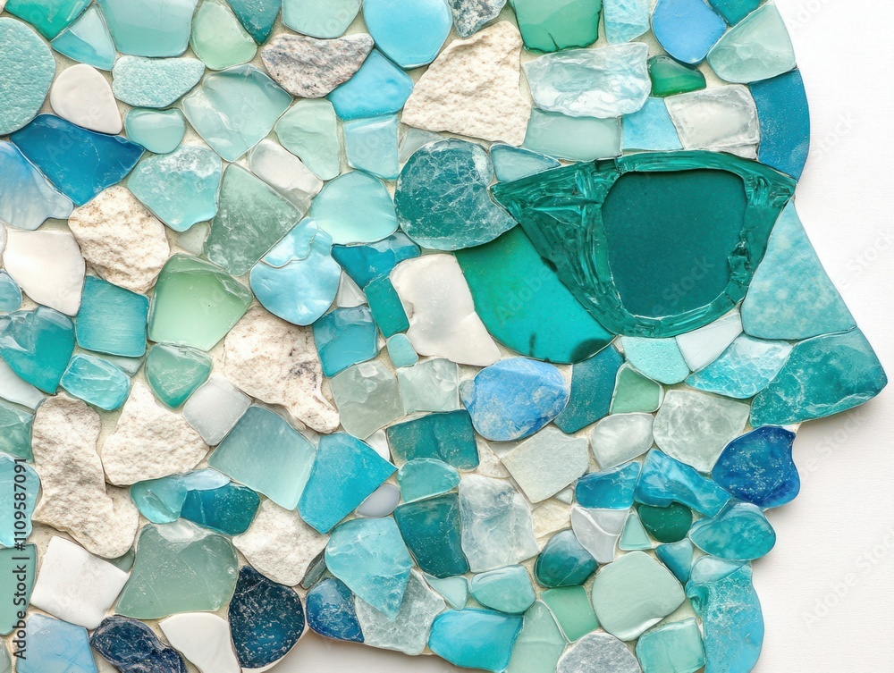 Fototapeta premium Colorful Mosaic Representation of a Human Face Created from Various Shades of Blue and Green Glass Pieces, Ideal for Artistic and Creative Projects