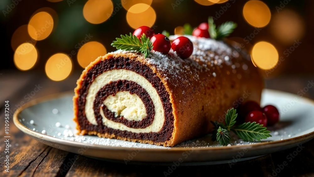 Christmas yule log cake with intricate chocolate bark decoration, festive plate, soft warm holiday lights in the background Christmas yule log cake with intricate chocolate bark decoration, festive plate, soft warm holiday lights in the background