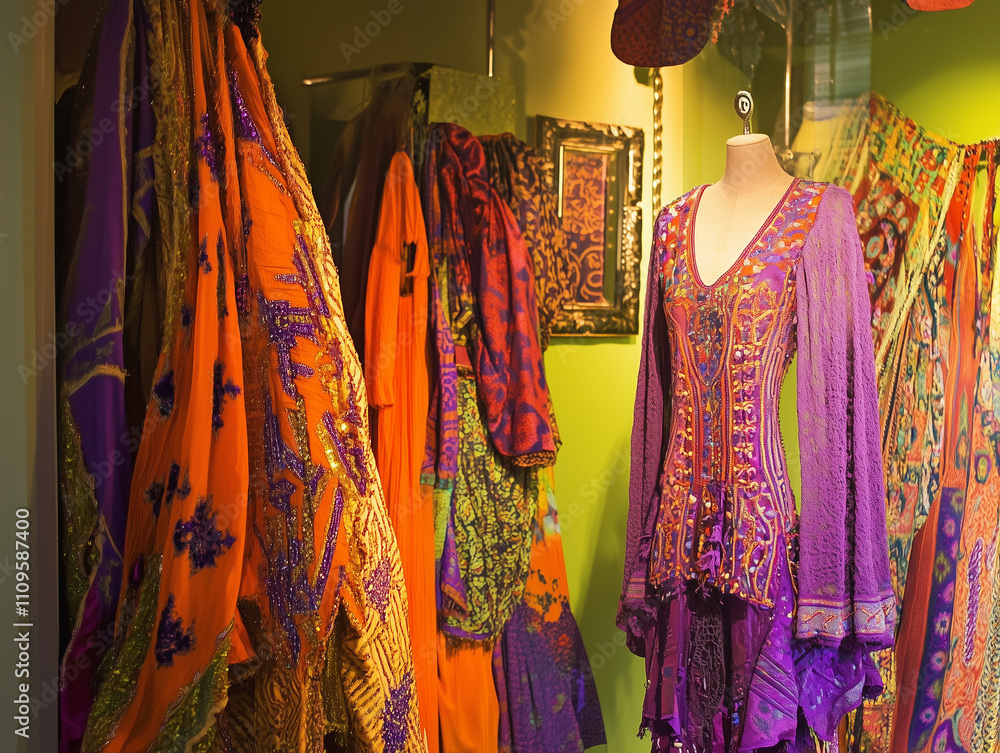 Orange and purple carnival costumes with detailed patterns.