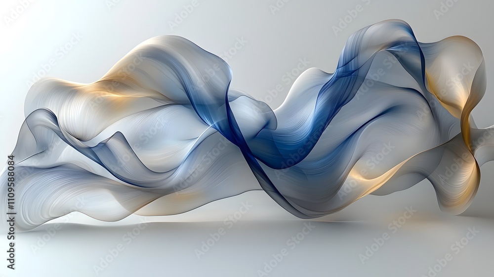 Fototapeta premium Translucent flowing ribbons in blue and gold hues layered on a soft gray background, elegant abstract design with dynamic movement