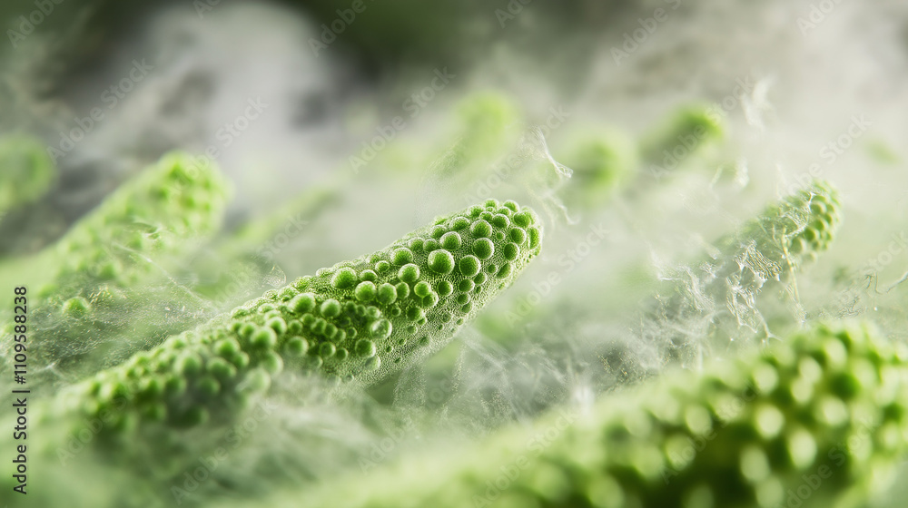 Misty Green Sprouts: Close-up of vibrant green sprouts emerging from a misty environment, showcasing intricate textures and a sense of new growth. Misty Green Sprouts: Close-up of vibrant green sprouts emerging from a misty environment, showcasing intricate textures and a sense of new growth.