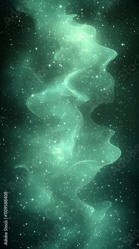 Abstract wispy green nebula-like patterns with sparkling dots and glowing highlights on a dark green background