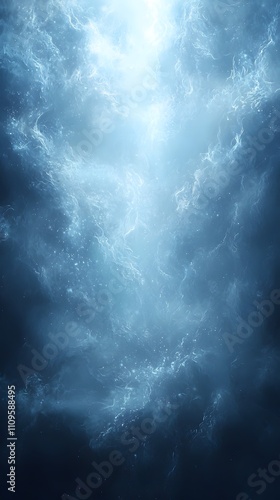 Dreamy glowing blue nebula with swirling light effects and sparkling particles on a dark blue background