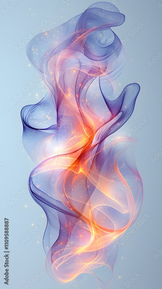 Fototapeta premium Vibrant swirling ribbons of purple, blue, and orange with glowing sparkles, creating an ethereal and energetic abstract composition