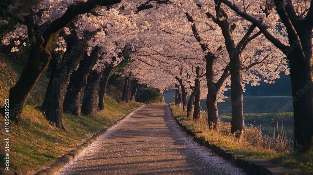 Cherry Blossom Trail, a tranquil pathway enveloped in vibrant pink blooms, inviting peaceful strolls amidst the beauty of spring's seasonal transformation. Cherry Blossom Trail, a tranquil pathway enveloped in vibrant pink blooms, inviting peaceful strolls amidst the beauty of spring's seasonal transformation.