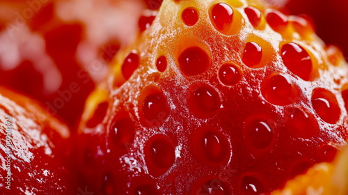 Close-up of a gac fruitâ€™s bright red seeds spilling from its bumpy orange skin photo