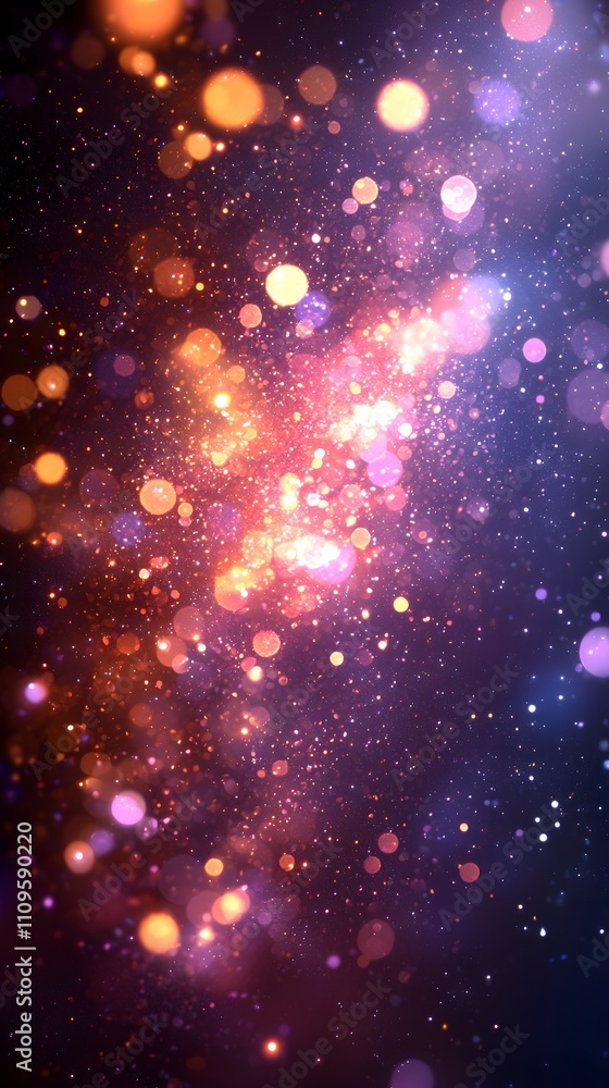 Glittering golden and purple bokeh lights creating a dreamy, starry night atmosphere on a dark background Glittering golden and purple bokeh lights creating a dreamy, starry night atmosphere on a dark background