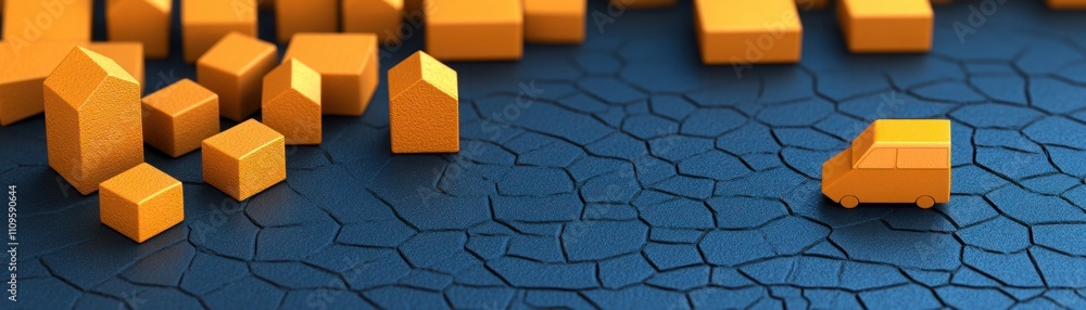 Abstract representation of transportation and logistics with yellow van and geometric shapes on cracked surface, symbolizing delivery and urban planning in a visually striking manner. Abstract representation of transportation and logistics with yellow van and geometric shapes on cracked surface, symbolizing delivery and urban planning in a visually striking manner.