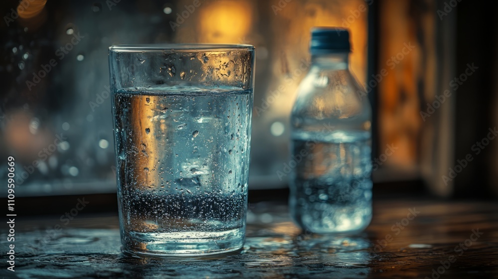 Raindrops create a cozy atmosphere as a glass filled with crystal-clear water sits beside a plastic bottle, reflecting warm light Raindrops create a cozy atmosphere as a glass filled with crystal-clear water sits beside a plastic bottle, reflecting warm light