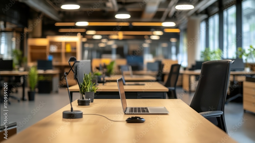 Modern open plan background office showing desks, laptop and microphones Modern open plan background office showing desks, laptop and microphones