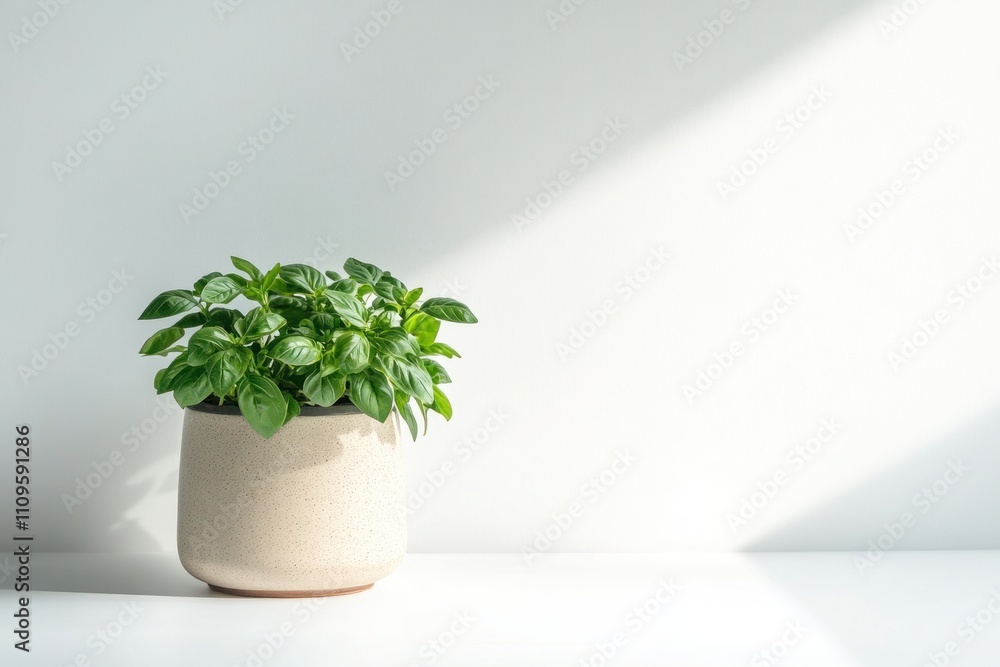 Lush green plant in beige pot, sunlit minimalist setting. Lush green plant in beige pot, sunlit minimalist setting.