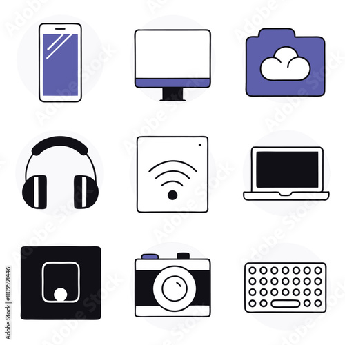 Collection of Technology Social Media Icons Depicting Various Electronic Devices and Gadgets on a White Background, Vector art EPS Format