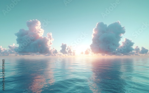 Cumulus clouds reflecting pastel hues over a tranquil sea with soft reflections under a light teal and peach gradient sky photo