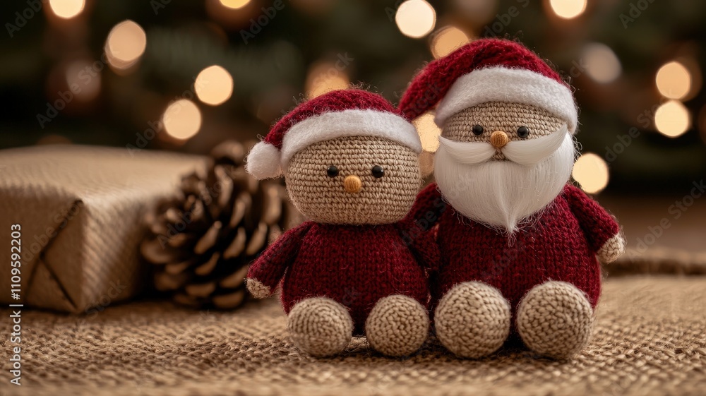 Christmas nursery decor concepts. Two cute, handcrafted Santa dolls with a festive background and warm lights. Christmas nursery decor concepts. Two cute, handcrafted Santa dolls with a festive background and warm lights.