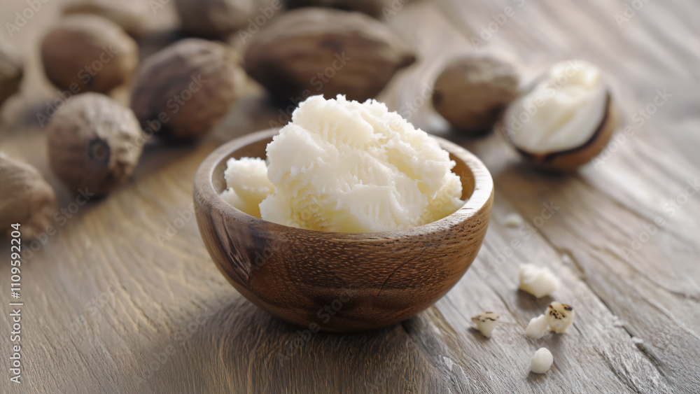 Close-up of fresh shea butter in bowl with raw shea nuts on rustic wooden background. Natural ingredient for skincare, beauty treatments. Concept of holistic cosmetics and aesthetic wellness products Close-up of fresh shea butter in bowl with raw shea nuts on rustic wooden background. Natural ingredient for skincare, beauty treatments. Concept of holistic cosmetics and aesthetic wellness products