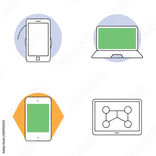 Collection of Technology Social Media Icons Depicting Various Electronic Devices and Gadgets on a White Background, Vector art EPS Format