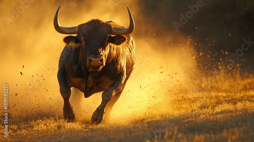 Bull Running Through Dust Cloud at Sunset photo