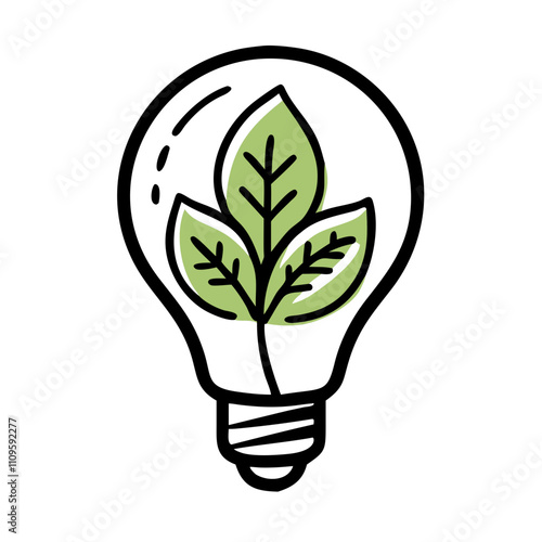 A light bulb featuring green leaves symbolizes sustainable energy and eco-friendliness, representing innovation and environmental consciousness.