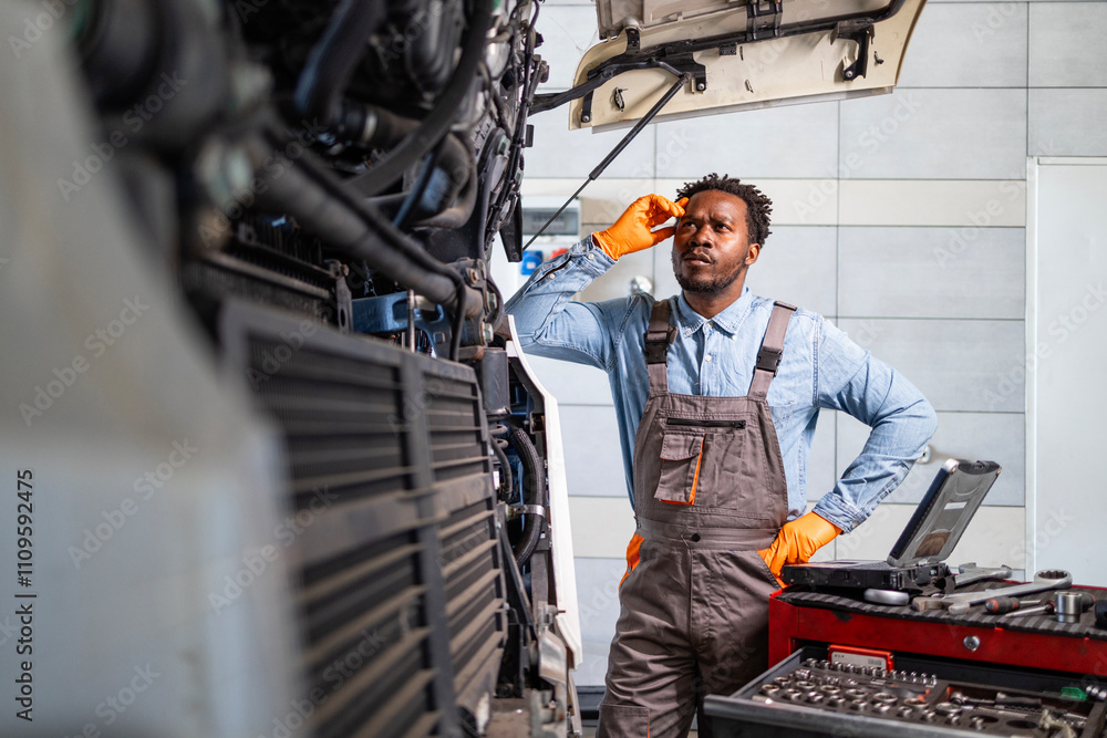 Truck vehicle breakdown. Mechanic thinking about solution to repair the truck. Truck vehicle breakdown. Mechanic thinking about solution to repair the truck.