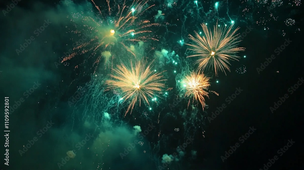 Fototapeta premium Vibrant Night Sky Fireworks, a dazzling explosion of colors illuminating the darkness, ideal for celebrating special occasions and festive events, evokes joy and excitement.