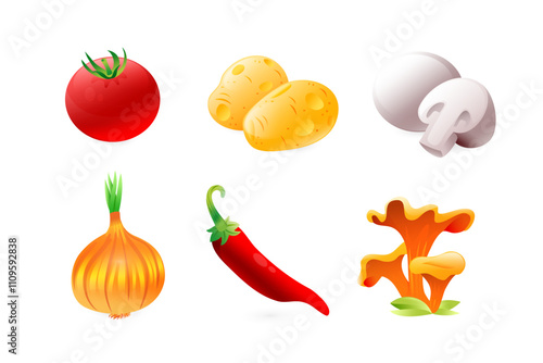 Set of illustrations of vegetables, ingredients for mushroom soup, potatoes, onions, tomatoes, champignons, forest mushrooms, chanterelles, chili peppers, in a realistic 3D style.